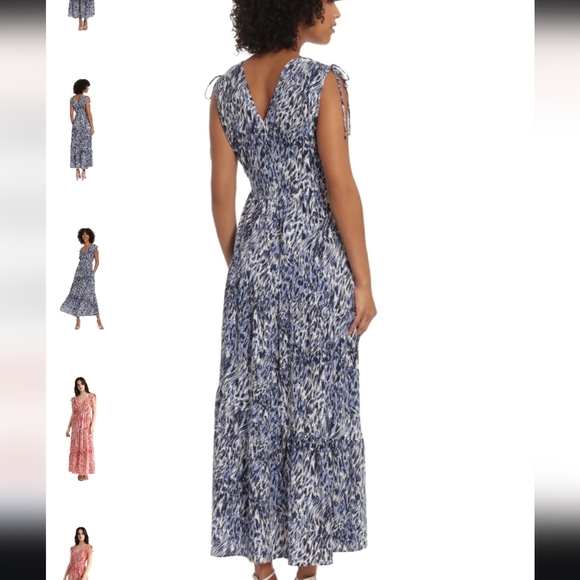 Maggy London Sloan Tiered Maxi Dress Abstract Swirt Print In White/Navy Size 10 - Picture 2 of 6